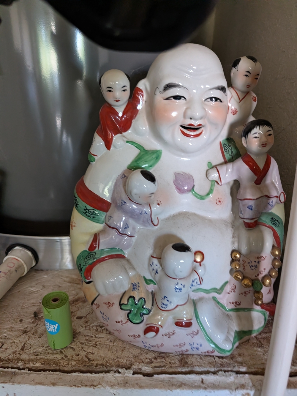 1950's Large White Porcelain Happy Buddha Figurine with Red and Green Accents
